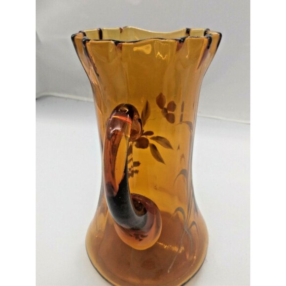 Antique Hand Blown Hand Painted Floral Amber Glass Ruffled Pitcher 1890-1900 - Picture 3 of 9